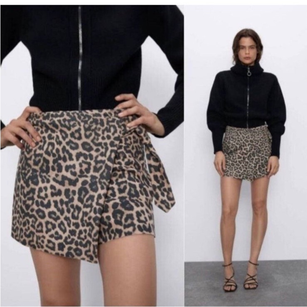 Zara Leopard Tie-Waist Mini Skirt - Black, Tan